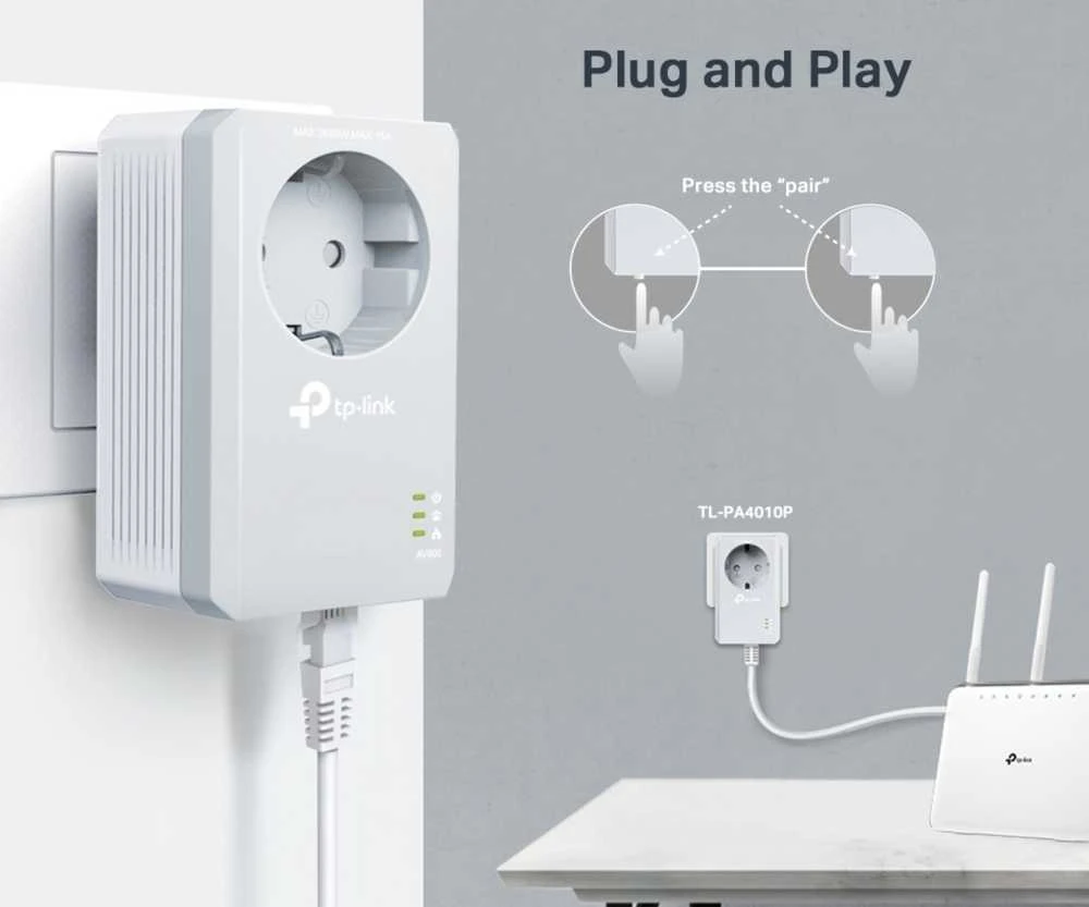 TP-LINK AV500+ maitinimo tinklo rinkinys su kintamosios srovės pralaidumu, 500 Mbps maitinimo tinklo greitis, 1 prievado greitasis Ethernet, „Homeplug AV“, „Žalias Powerline“, kištukas