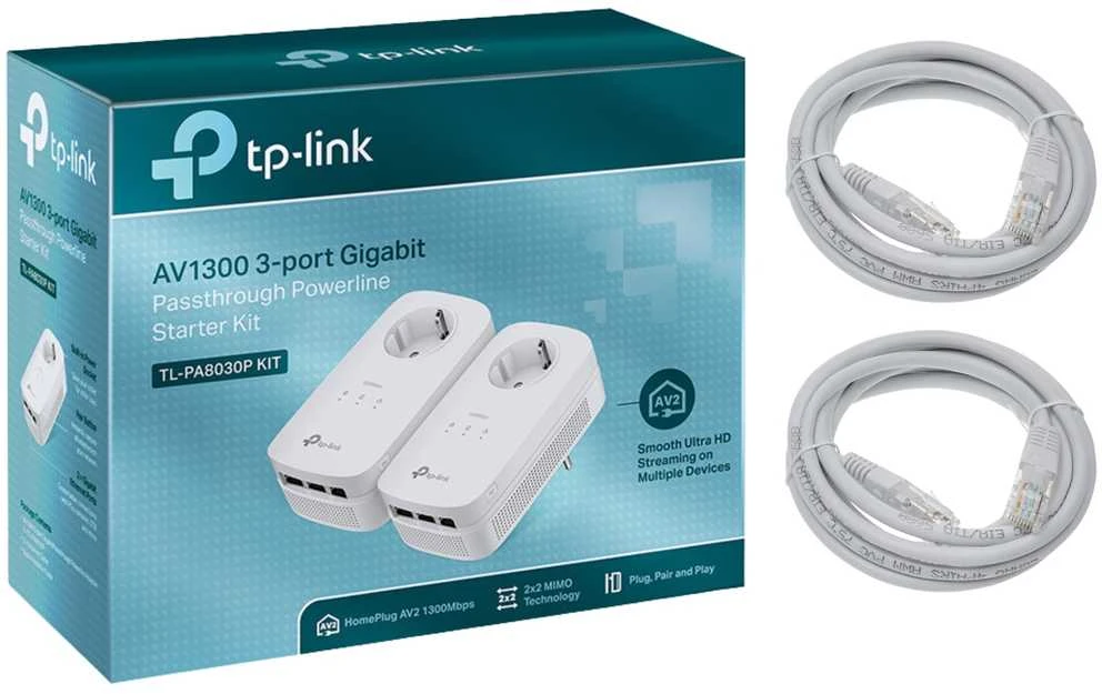TP-Link AV1300 3 prievadų "Gigabit Passthrough Powerline" elektros tinklo adapterio pradinis rinkinys (TL-PA8030P KIT)