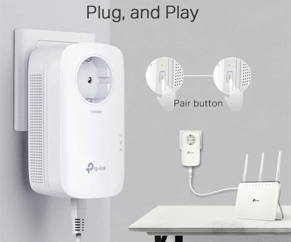 TP-Link AV1300 3 prievadų "Gigabit Passthrough Powerline" elektros tinklo adapterio pradinis rinkinys (TL-PA8030P KIT)