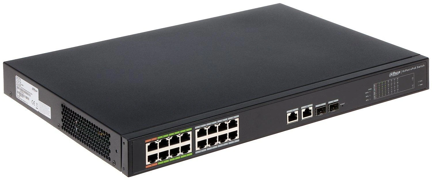 Dahua ePoE šakotuvas 100Mbps 16portu+2G uplink + 2SFP, ePoE 8 portai, ePoE iki 800m, Hi-PoE