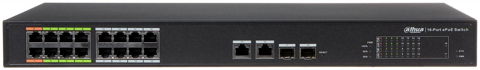 Dahua ePoE šakotuvas 100Mbps 16portu+2G uplink + 2SFP, ePoE 8 portai, ePoE iki 800m, Hi-PoE