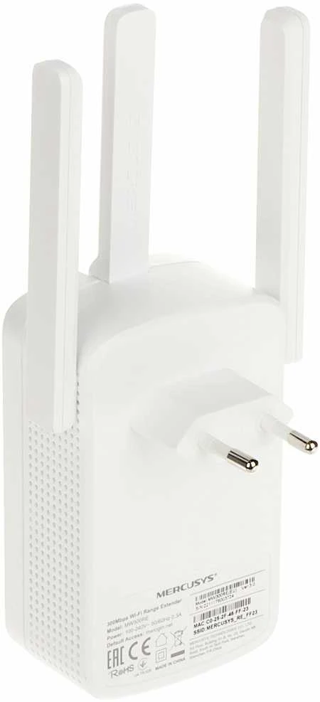 TP-Link „Mercusys“ | „Wi-Fi“ diapazono ilgintuvas | MW300RE | 802.11n | 2,4 GHz | 300 Mbit/s | be PoE | Antenos tipas: 3 išorinės