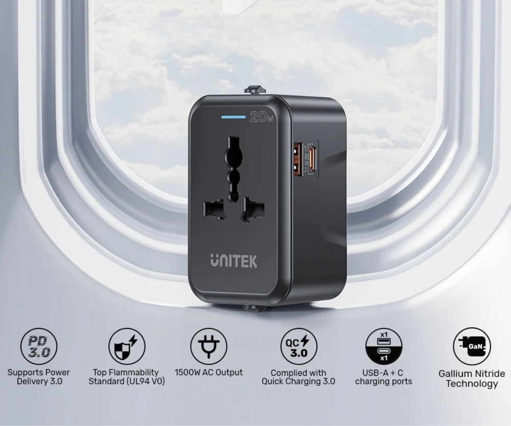 „Unitek“ kelioninis adapteris ES/JAV/JK/Australijos PD 20 W