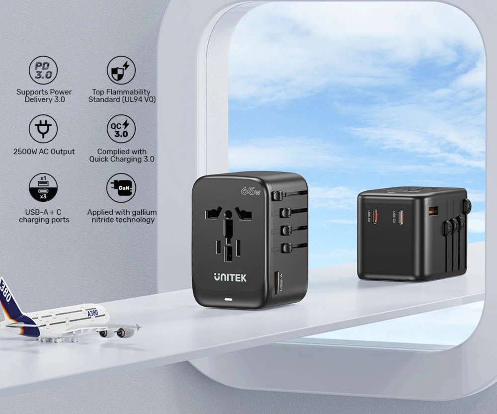 Unitek kelioninis adapteris EU/US/UK/AUS PD 65 W