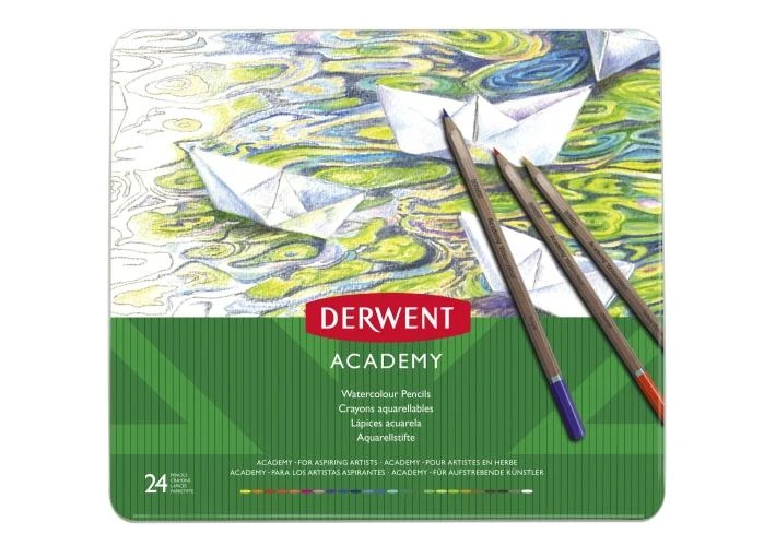 Akvarelinių pieštukų rinkinys Derwent Academy, 24 spalvų, metalinėje dėžutėje