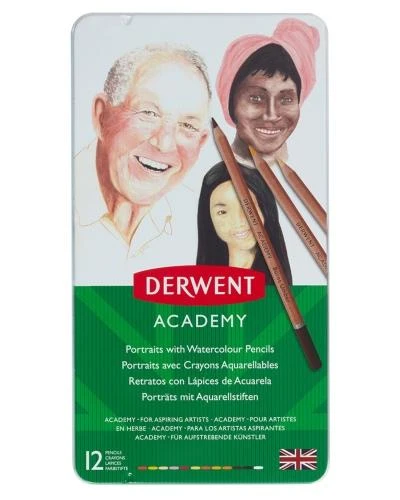 Akvarelinių pieštukų rinkinys Derwent Academy, 12 odos atspalvių spalvų, metalinėje dėžutėje