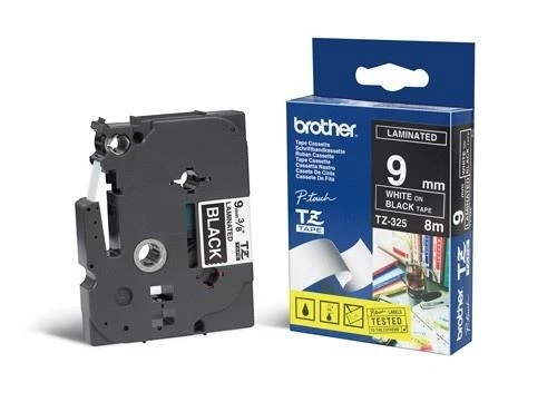 Brother | TZe-325 Laminated Tape | Baltas on Juodas | TZe | 8 m | 9 cm