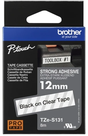 Brother TZe-S131 (TZeS131) Ženklinimo juostelė, Strong Adhesive, Juodas on Clear, 12mm 8m