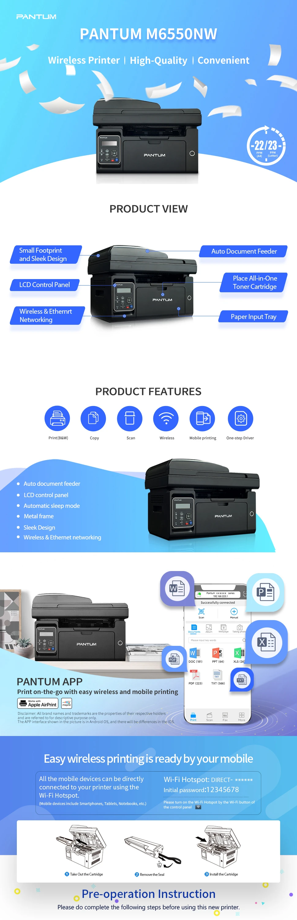 Pantum M6550NW Spausdintuvas lazerinis MFP Nespalvotas A4 22ppm Wi-Fi USB Tinklinis LAN aprašymas - Prekės nuotrauka
