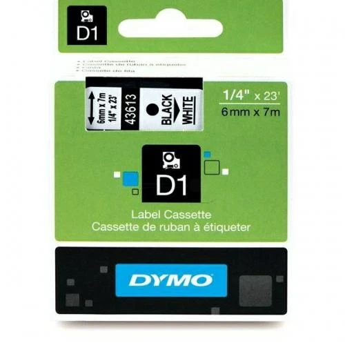 Juostelė DYMO D1, 6 mm x 7 m, Juodas šriftas/BALTA juosta