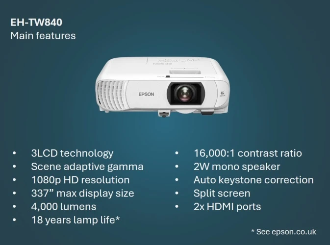 Lempinis projektorius Epson EH-TW840, Full HD, du HDMI prievadai, 4 000 liumenų, iki 337 col. siekiantis didelis ekranas
