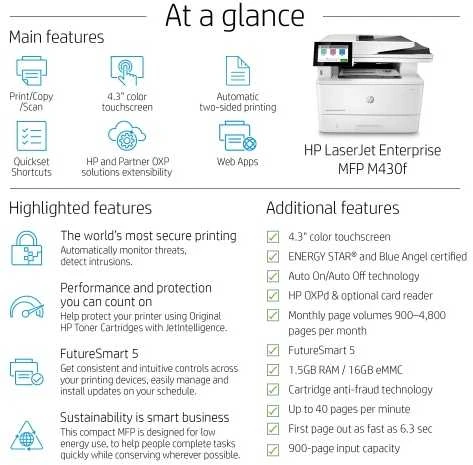 Hewlett Packard (HP) HP LaserJet Enterprise MFP M430f AIO All-in-One Spausdintuvas - A4 Mono lazerinis, Spausdinti/Kopijuoti/Dual-Side Scan/Faksas, Automatinis dokumentų tiektuvas, Auto-Duplex, LAN, 38ppm, 900-4800 pages per mėnuo (pakeičia M521f / M521dn)