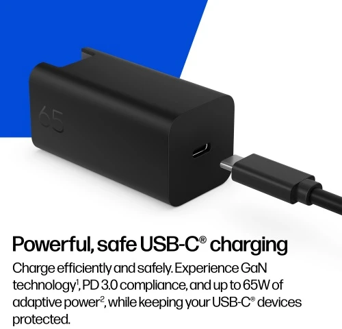HP C90CKUT Nešiojamo kompiuterio įkroviklis 65W GaN, USB-C, EU, Juoda