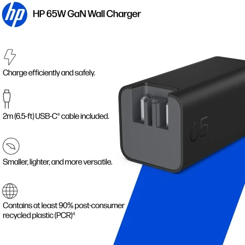 HP C90CKUT Nešiojamo kompiuterio įkroviklis 65W GaN, USB-C, EU, Juoda