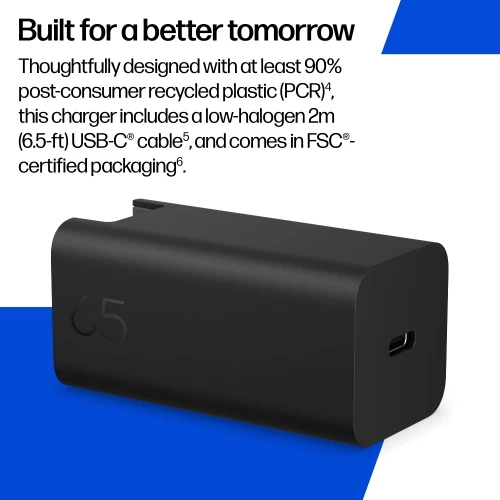 HP C90CKUT Nešiojamo kompiuterio įkroviklis 65W GaN, USB-C, EU, Juoda