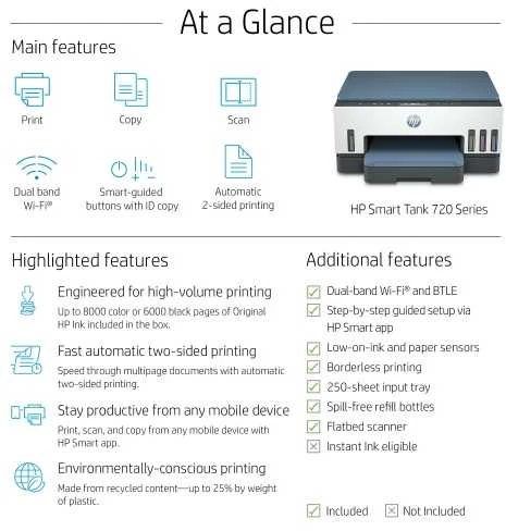 Hewlett Packard (HP) HP Smart Tank 720 AIO daugiafunkcis spausdintuvas Spausdintuvas - A4 spalvotas rašalinis, spausdinimas / kopijavimas / nuskaitymas, automatinis dvipusis spausdinimas, WiFi, 15 psl./min., 400–800 puslapių per mėnesį