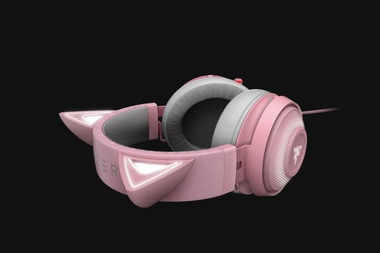 Žaidimų Ausinės Razer Kraken Kitty Edition Quartz, Chroma RGB, ANC mikrofonas, THX erdvinis garsas, USB jungtis, rožinės