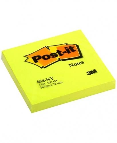 3M Lipnūs lapeliai Post-it Neon, 76 x 76 mm, 100 lapelių, geltona