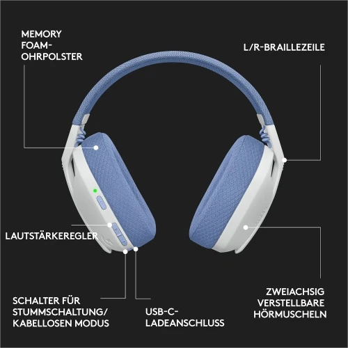 Žaidimų ausinės Logitech G435 Lightspeed, baltos/alyvų spalvos