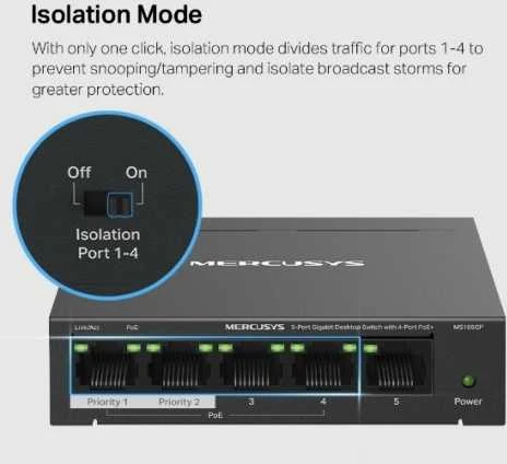 Šakotuvas Mercusys 5-port Gigabit Desktop Switch su 4-Port PoE+ | Mercusys