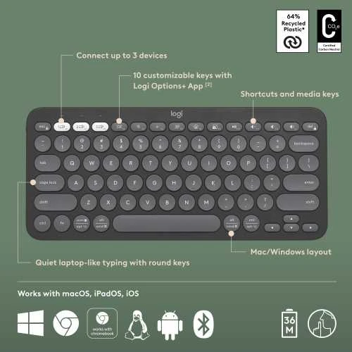 Belaidė klaviatūra Logitech PEBBLE KEYS 2 K380S, Grafito spalvos, Išdėstymas: US tarptautinis (Qwerty)