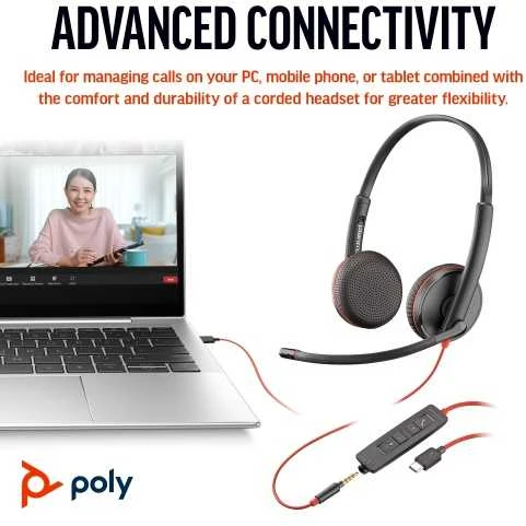Hewlett Packard (HP) HP „Poly Blackwire 3225“ stereo USB-C ausinės + 3,5 mm kištukas + USB-C/A adapteris (didmeninė prekyba) (209747-201/209751-201)