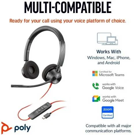 Hewlett Packard (HP) HP Poly Blackwire 3320 stereofoninis Microsoft Teams sertifikuotas USB-C Ausinės +USB-C/A adapteris