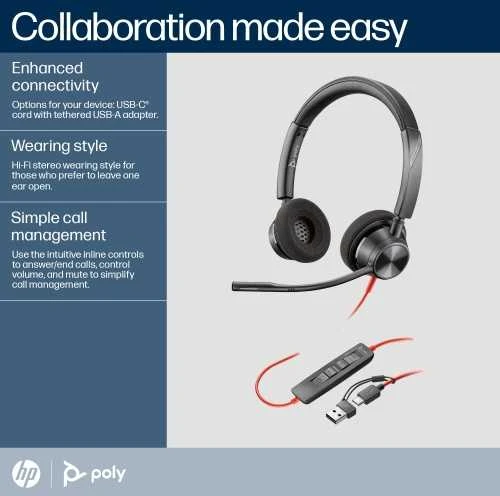 Hewlett Packard (HP) HP Poly Blackwire 3320 stereofoninis Microsoft Teams sertifikuotas USB-C Ausinės +USB-C/A adapteris