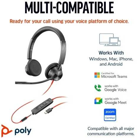 Poly Blackwire 3325 ausinės su valdymo pulteliu ir suderinamumo sąrašu