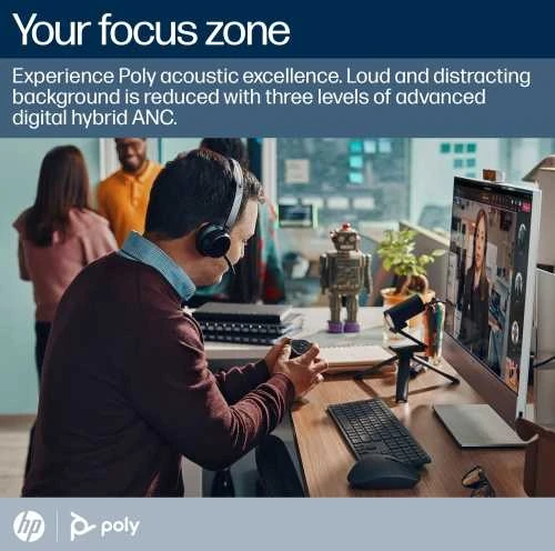 Hewlett Packard (HP) HP Poly Voyager Focus 2 Microsoft Teams sertifikuotas USB-C-C Ausinės +USB-C/A adapteris + įkrovimo stovai Be lokalizacijos