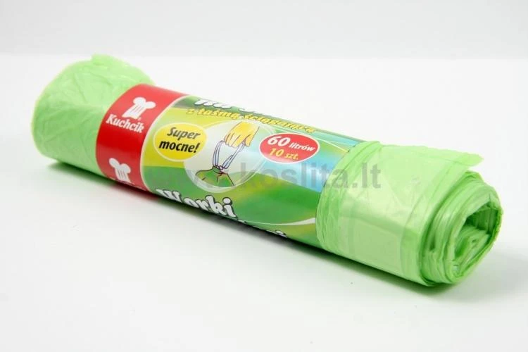 Kuchcik Šiukšlių maišai užrišami, 60l/10vnt., HDPE, žali