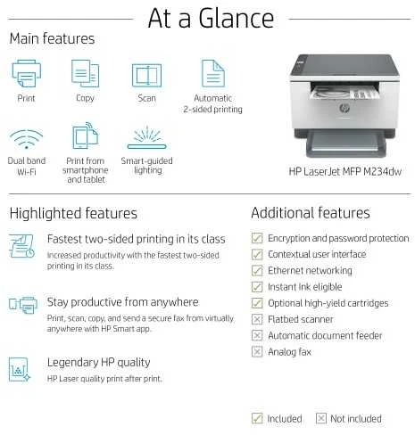 Hewlett Packard (HP) HP LaserJet MFP M234dw MFP Mono B/W lazeris Legali laikmena 29 psl/min kopija 29 ppm spausdinimas 150 lapų USB 2.0 LAN Wi-Fi šviesos bazaltas