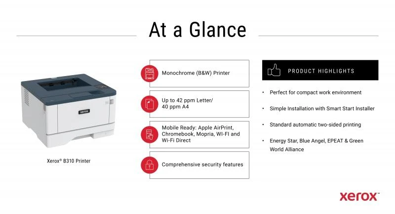 Xerox B310DNI A4 nespalvotas spausdintuvas, 40 psl./min., dvipusis spausdinimas, tinklo ryšys, belaidis internetas, USB, 250 lapų popieriaus dėklas