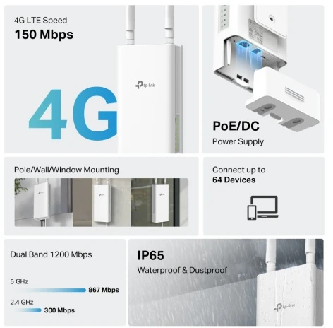 TP-LINK 4G AC1200 dviejų dažnių „Wi-Fi“ lauko maršrutizatorius | Archer MR402-Outdoor | 802.11n | 10/100 Mbit/s | Ethernet LAN (RJ-45) jungtys 1 | MU-MiMO Ne | PoE įvestis
