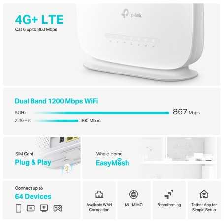 TP-Link Archer MR505 4G+ Cat6 AC1200 Wireless Dual Band Gigabit Maršrutizatorius