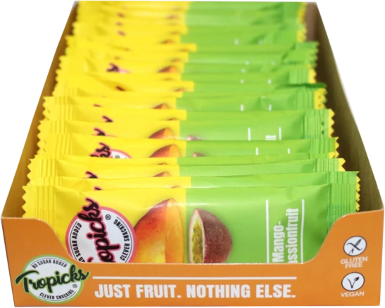 Tropicks Džiovintų mangų, pasiflorų batonėlis, 20 g
