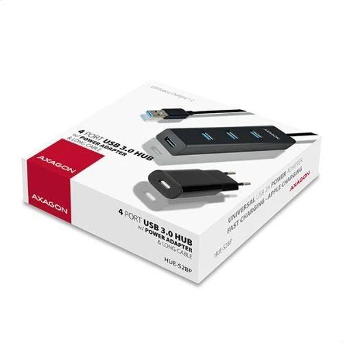 AXAGON HUE-S2BP 4x USB3.0 įkrovimo šakotuvas 1,2 m laidas, MicroUSB įkrovimas, įsk. kintamosios srovės adapteris