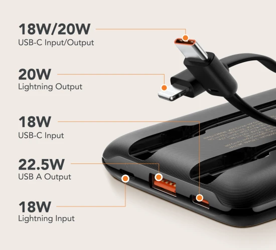 Nešiojamoji baterija Veger C11 (W1170) PD QC3.0 2A 22,5W 10000 mAh su integruotais laidais USB C / Lightning juodas
