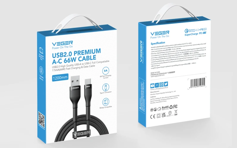 USB A–C tipo laidas VEGER PD 11V 6A 66W AC04 1,2 m juodas