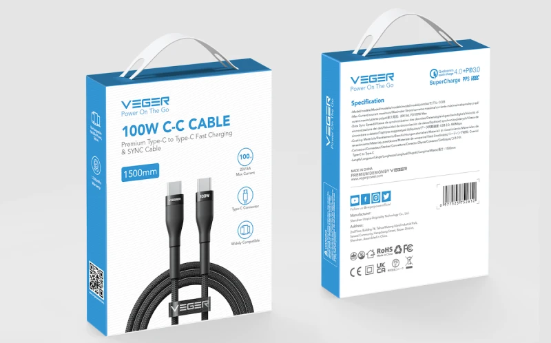 C tipo į C tipo jungtuvas VEGER PD 5A 100W CC05 1,5 m juodas