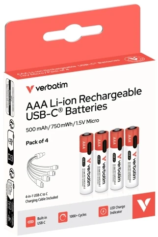 Verbatim 30250 USB-C Įkraunamos baterijos Li-ion AAA 500mAh (4 vnt pakuotėje)