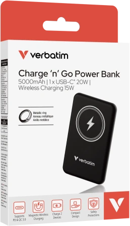 Verbatim Powerbank indukcinis `n` Go 15W 5000mAh belaidis Magnetic juodos spalvos 32240