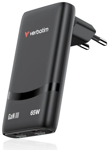Verbatim GaN kelioninis įkroviklis „Fold ‘n’ Go“ 65W, 2×USB-C PD ES kištukas, Juodas