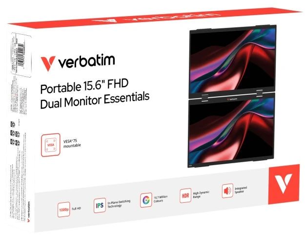 Verbatim 32403 Dual Nešiojamas monitorius 15.6'' × 2 IPS FHD 1920x1080 10ms 250cd/m2 60Hz, Juoda