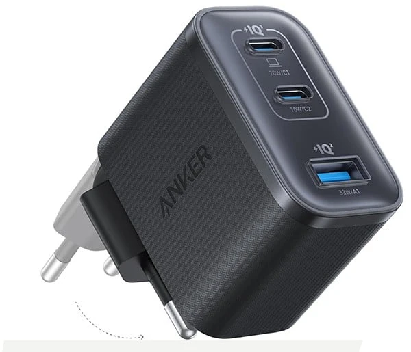 Įkroviklis Anker Nano (70W, 3 lizdai) juodas su 1,5m. USB-C kabeliu