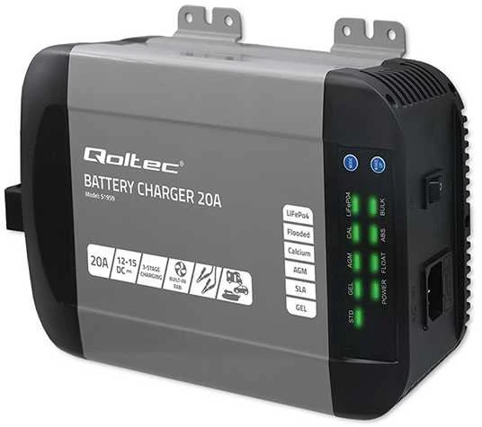 Qoltec Smart Monolith įkroviklis (51959) 12V, 20A skirtas LiFePO4, AGM, GEL, SLA akumuliatoriams