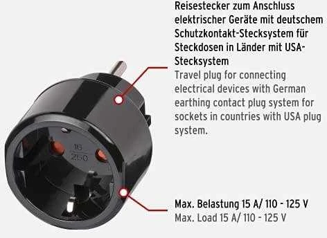 Elektros lizdo adapteris, JAV / Jap į ES , įžemintas, gyvūnų apsauga Brennenstuhl juodas / GT-473