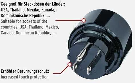 Elektros lizdo adapteris, JAV / Jap į ES , įžemintas, gyvūnų apsauga Brennenstuhl juodas / GT-473
