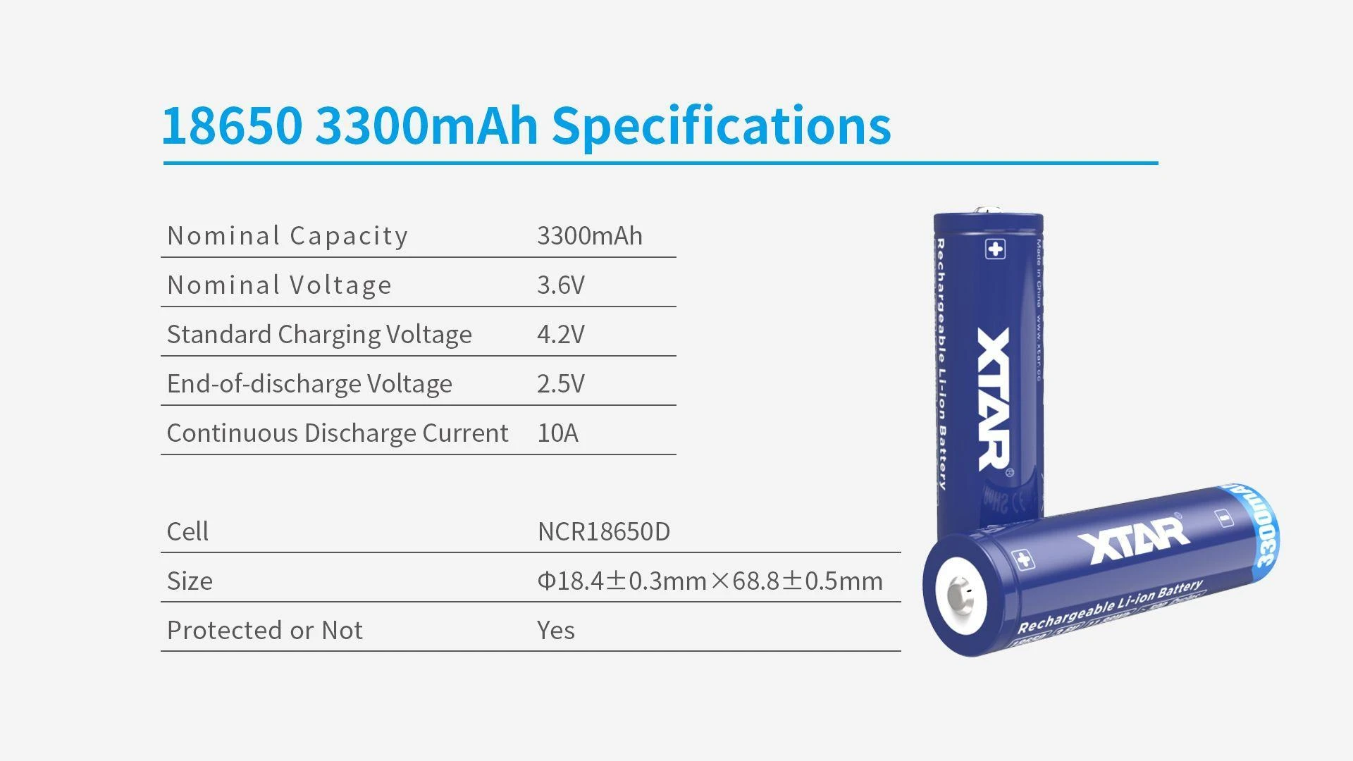 XTAR 18650 akumuliatorius su techninių parametrų lentele