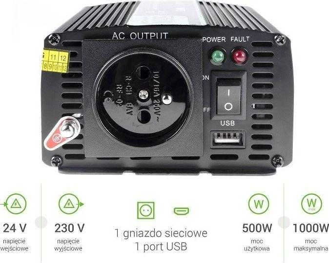 Green Cell Žalias Cell Inverteris 24/230V 500W modifikuota sinusinė išėjimo įtampa Žalias Cell